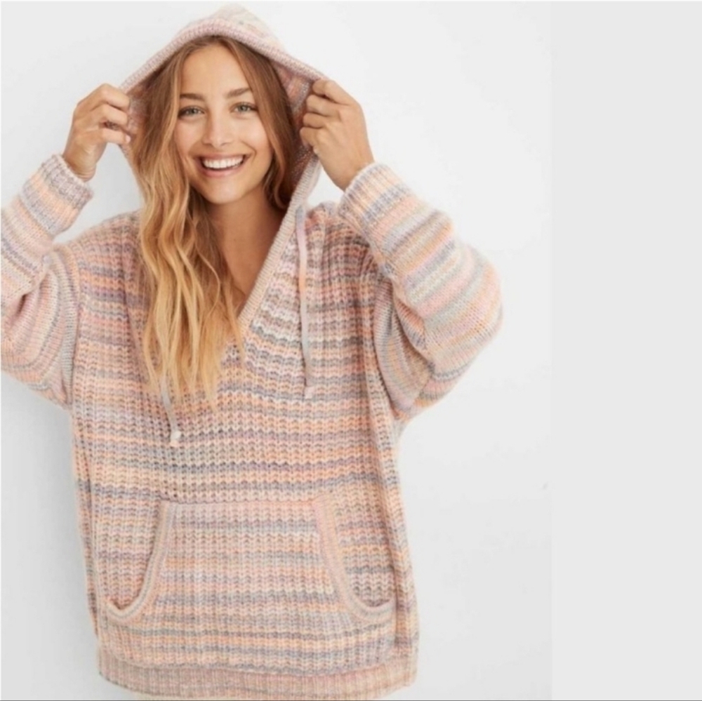 Aerie Colorful Chunky Knit Oversized Sweater Hoodie